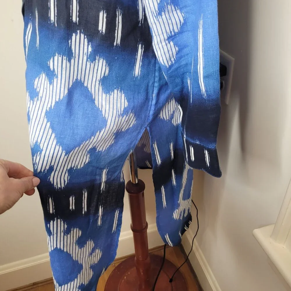 Chicos Womens Blue White Ikat Print Linen Button-Down shirt dress 12/14 tunic - Picture 6 of 7